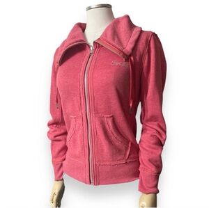 GUESS Pink Fitted Full Zip Front Sweatshirt Jacket Rhinestone Spell out
